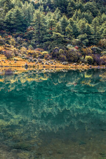 静谧山林间的碧绿湖水