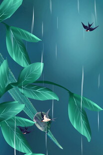 雨夜绿叶间的飞鸟景致