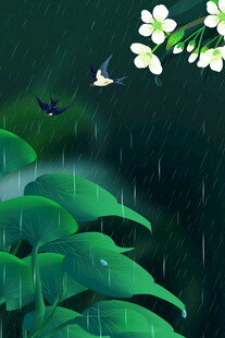 雨中飞鸟伴绿叶白花