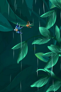 雨中绿叶间的灵动小鸟
