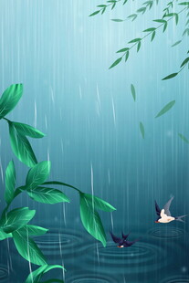 雨中竹叶与飞鸟的静谧画面