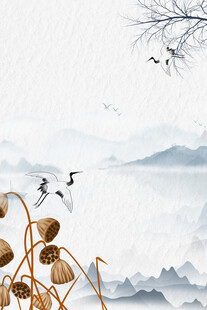 水墨秋景中飞鸟芦苇