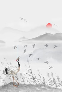 落日下的仙鹤与飞鸟图景