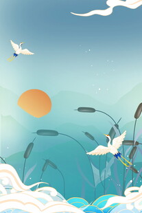 海上日出伴飞鸟与芦苇