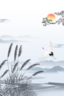 水墨山水间飞鸟与芦苇