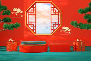 中式喜庆场景红窗与礼盒