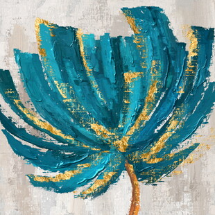 蓝黄相间的抽象植物画作