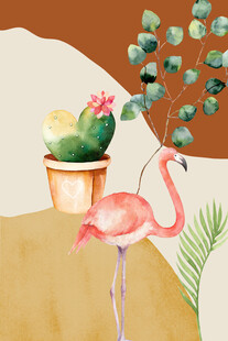 火烈鸟与绿植的清新插画