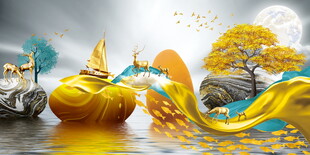 奇幻发财树湖泊风景画装饰画