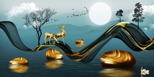 梦幻中式山水金鹿奇幻景