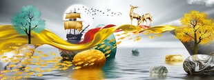 梦幻黄色麋鹿湖泊景观