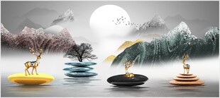 中式禅意月夜湖泊麋鹿风景画
