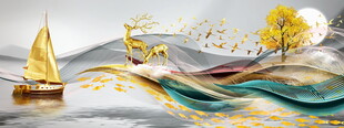 金色帆船在抽象山水间航行
