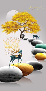 梦幻石径上的鹿与金树