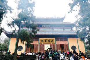 古寺前熙攘的游客人群