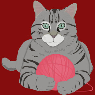灰猫抱粉毛线球