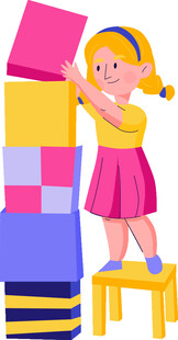 小女孩站在凳子上搭积木
