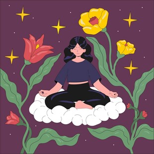 冥想的女子与梦幻花卉