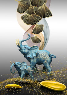 奇幻蓝象与金叶艺术场景