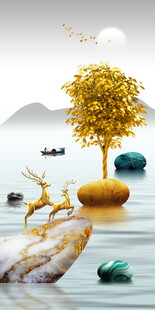 梦幻山水间的金色树景