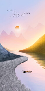 夕阳下的河畔孤舟美景