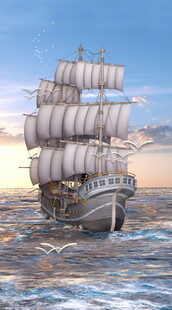 海上帆船在夕阳下航行