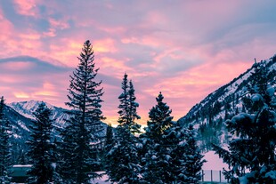 雪后山林的梦幻黄昏
