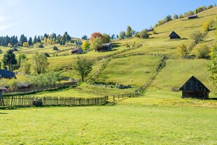 山间绿野中的古朴小屋