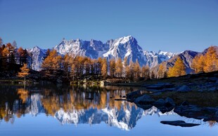 秋日雪山倒影湖景风光
