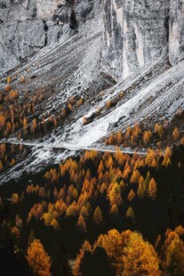 秋景中的山林与雪覆峭壁
