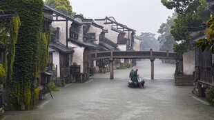 江南水乡古巷中的出行画面