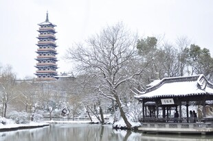 雪中古塔与亭台楼阁美景