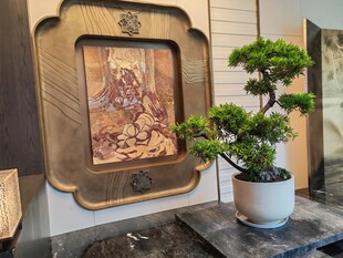 中式装饰画旁的精致盆栽