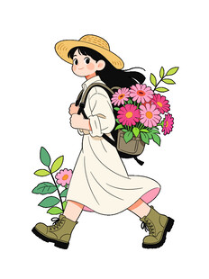 田园少女背篮持花漫步