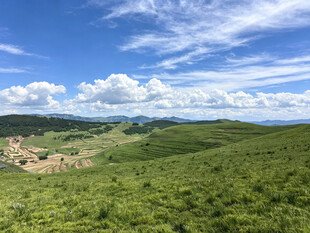 绿色山丘上的蓝天白云美景