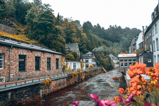秋日河畔的多彩建筑景观