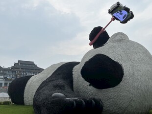 都江堰巨型熊猫雕塑躺卧草地