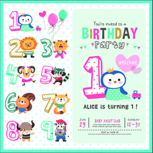 可爱动物生日数字装饰图案