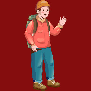 背着背包挥手的红衣男子