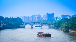 城市河畔美景与船只