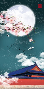 月夜下的古典建筑与繁花