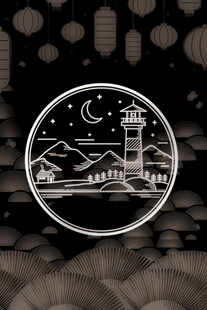 月夜灯塔风景徽章图案