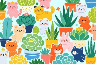 可爱猫咪与多肉植物插画