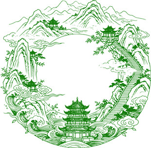 中式山水圆形边框图案