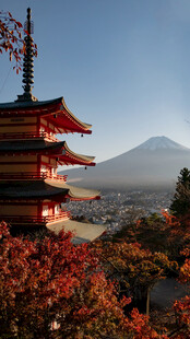 红叶映衬下的日式塔与富士山