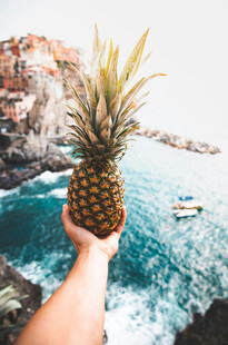 手持菠萝俯瞰蓝色大海