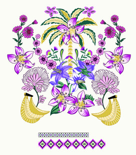 紫色花卉香蕉刺绣图案