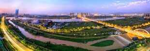 城市黄昏河畔美丽夜景