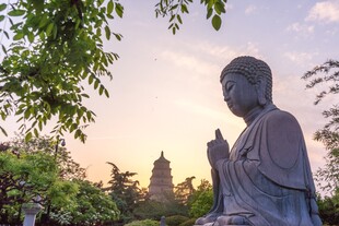 夕阳下的佛像与古塔
