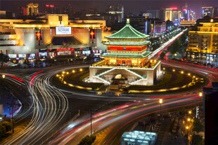 西安钟楼夜景璀璨车流穿梭
